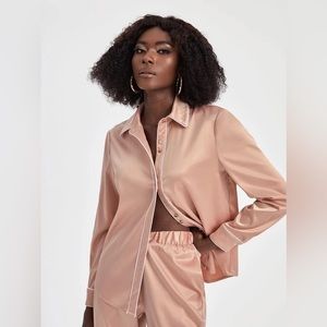 Contrast Piping Shirt Slant Pocket Pants Peach Pink White trim Satin Set